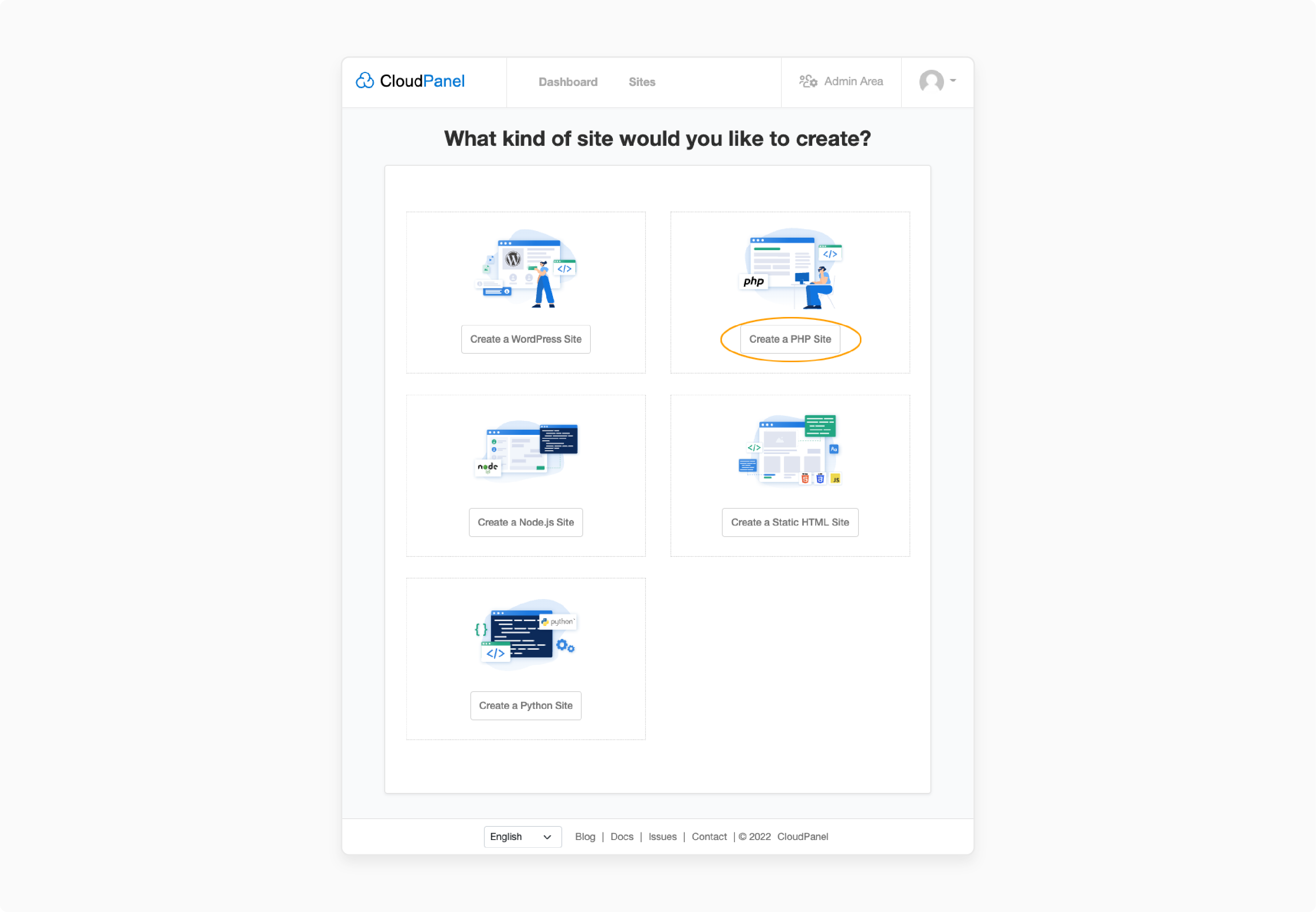 cloudpanel interface showing php site option selection for laravel setup