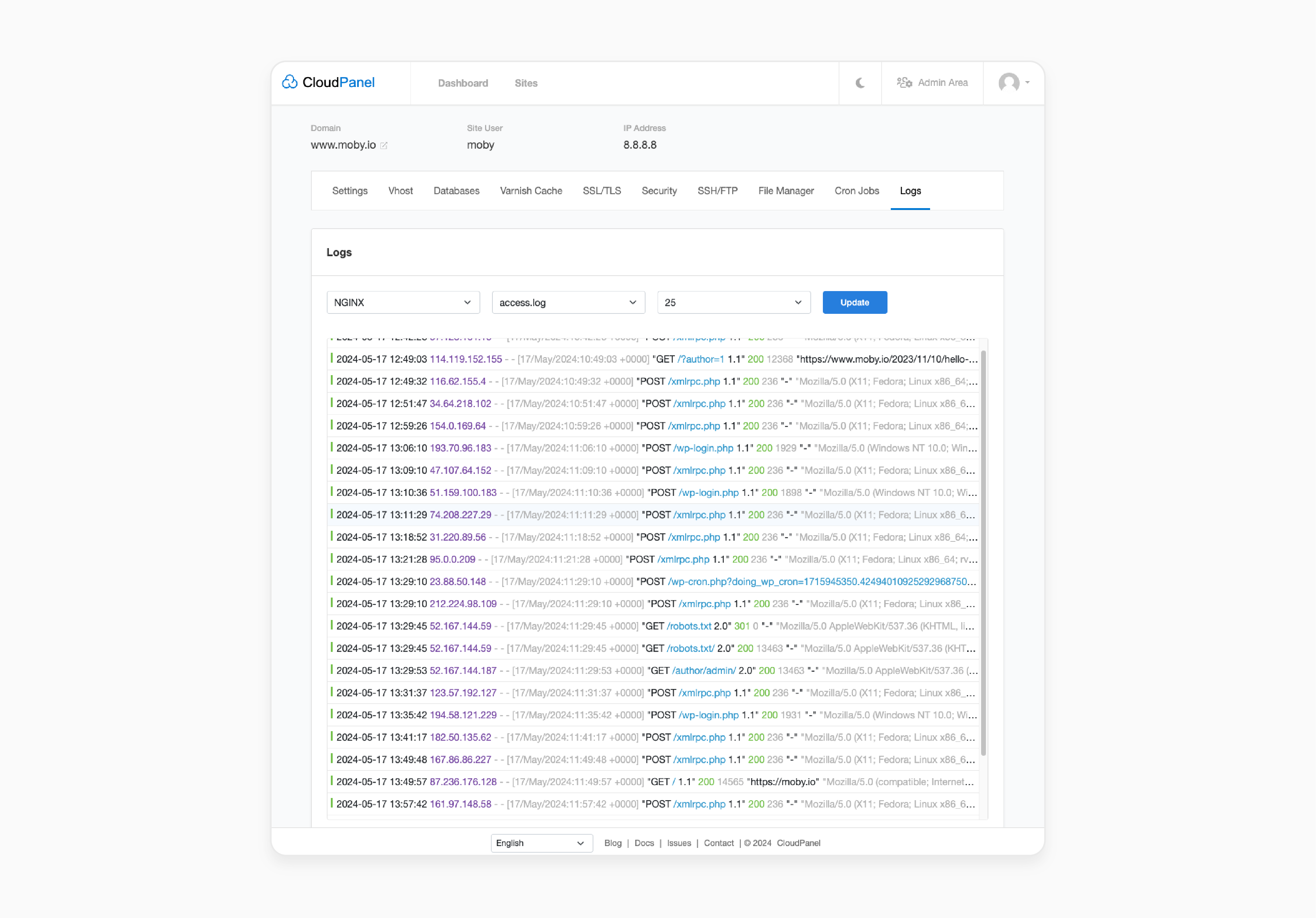 Centralized access to log files in cloudpanel for monitoring wordpress multisite performance