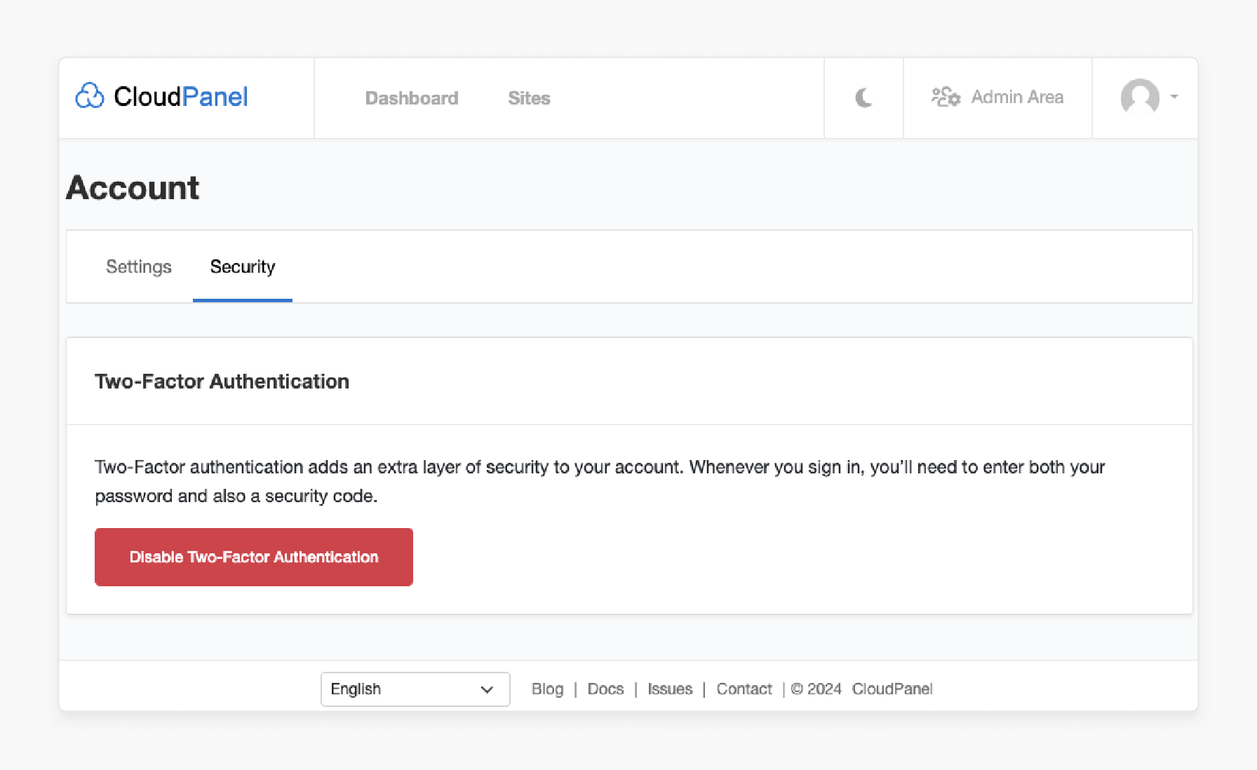 CloudPanel security settings page showing option to disable two-factor authentication