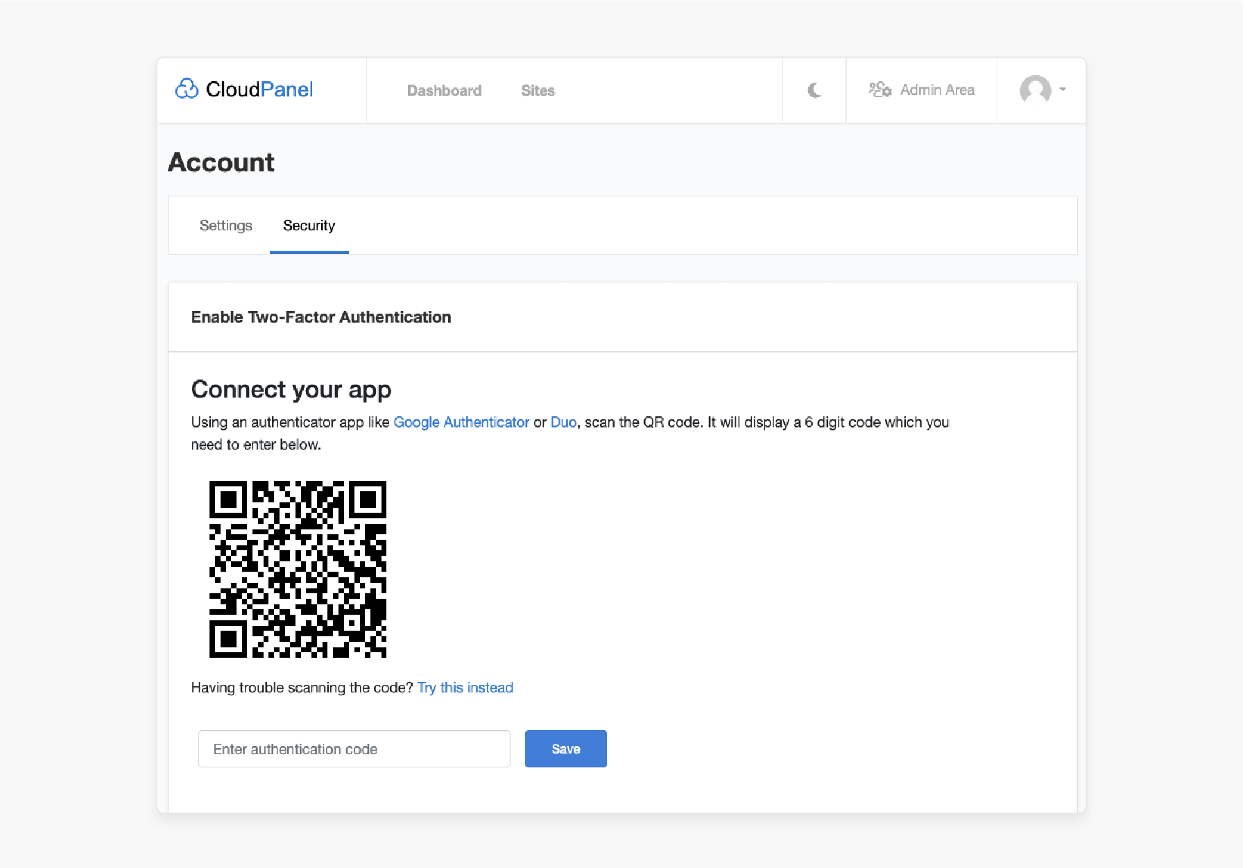 Enabling two-factor authentication from the security tab in CloudPanel account settings