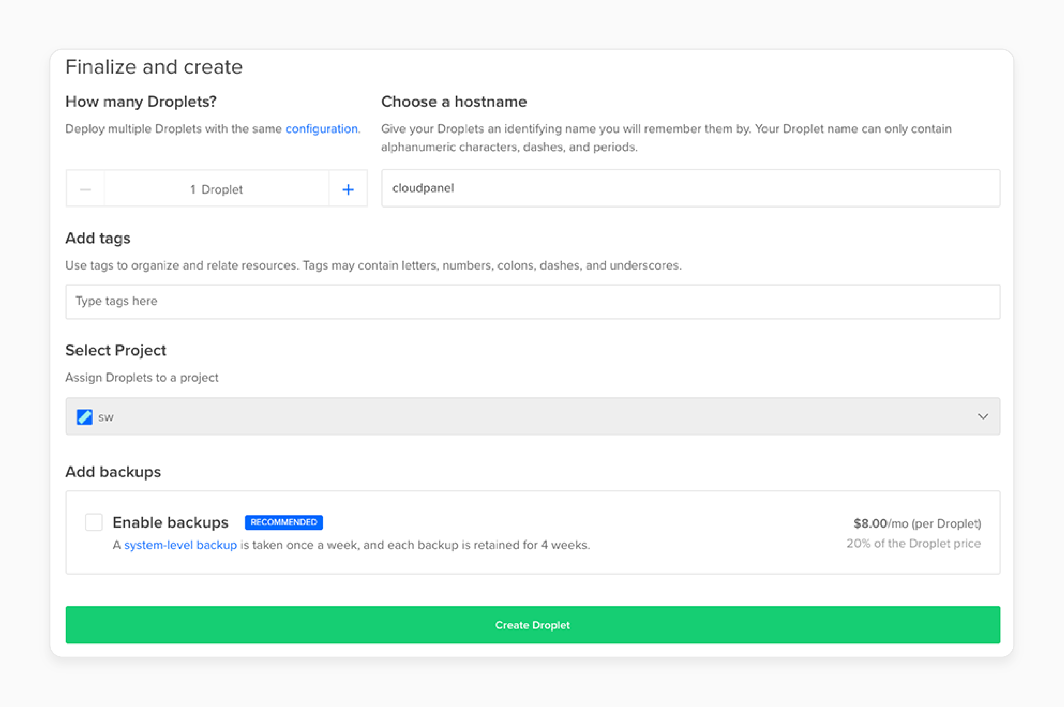 Set a hostname when creating a DigitalOcean Droplet