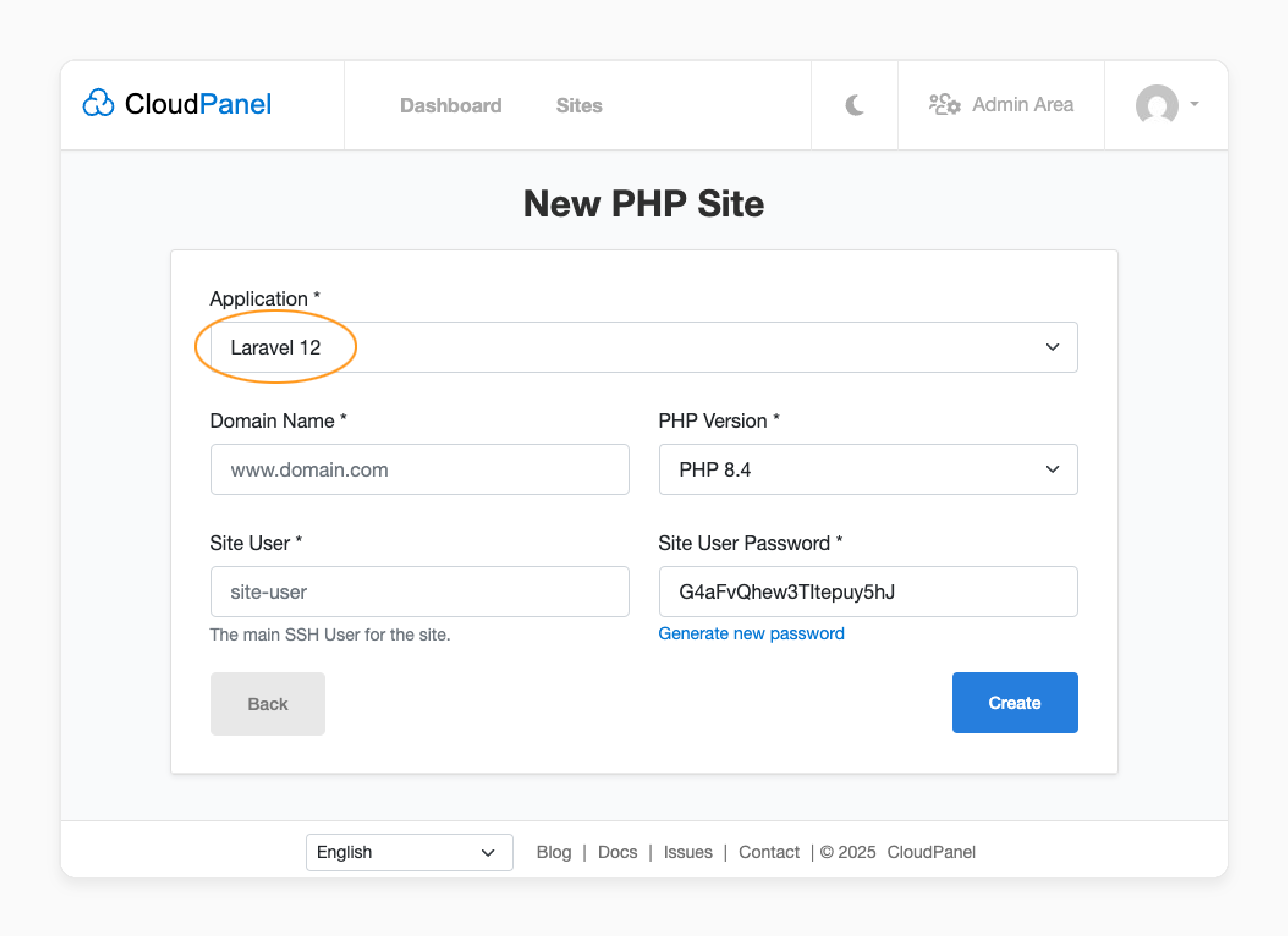 site creation for laravel 12 in cloudpanel with php 8.4 and secure user credentials