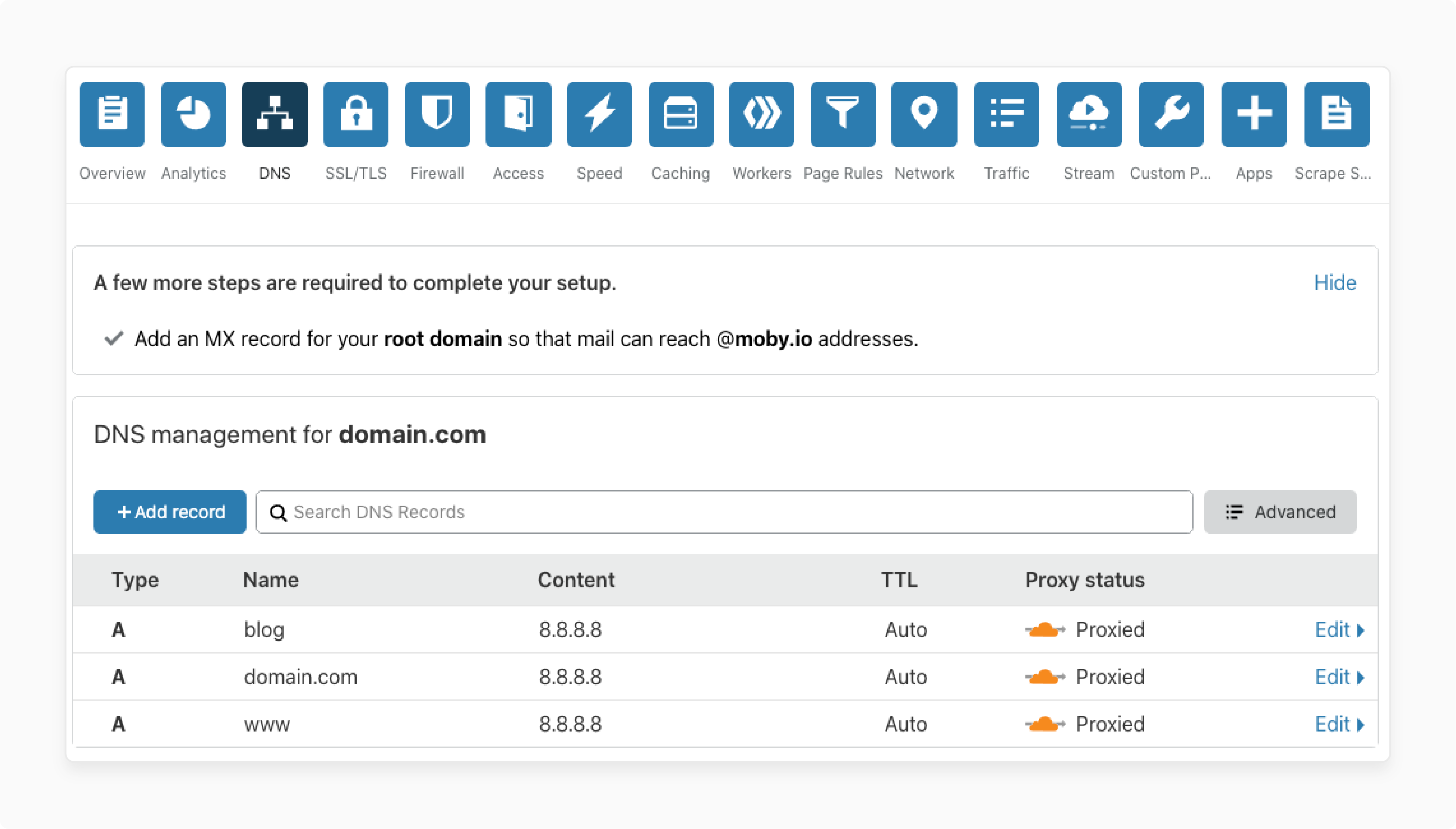 A record configured in Cloudflare