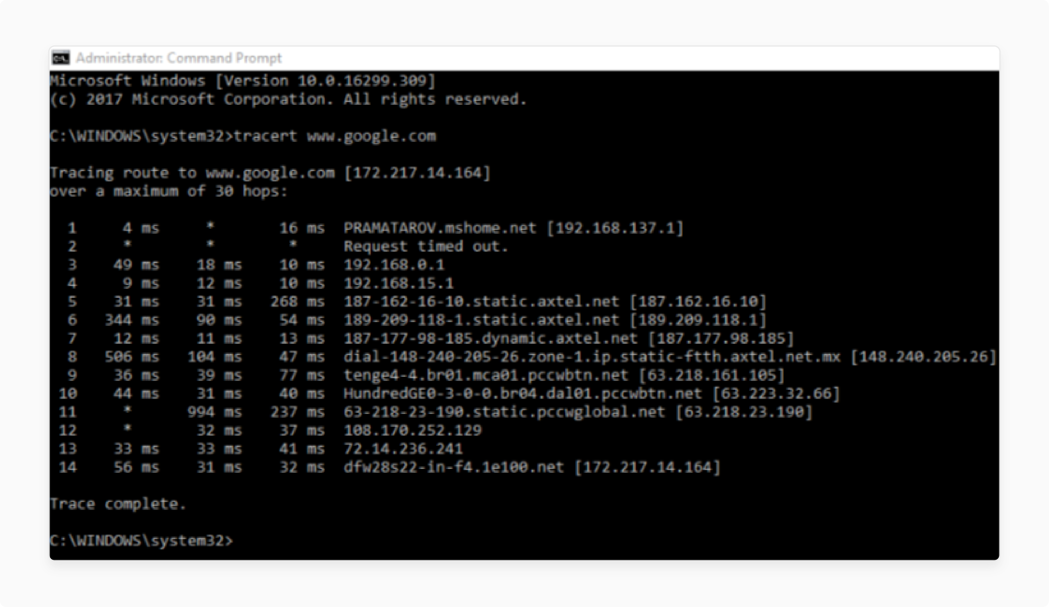 traceroute showing DNS path hops