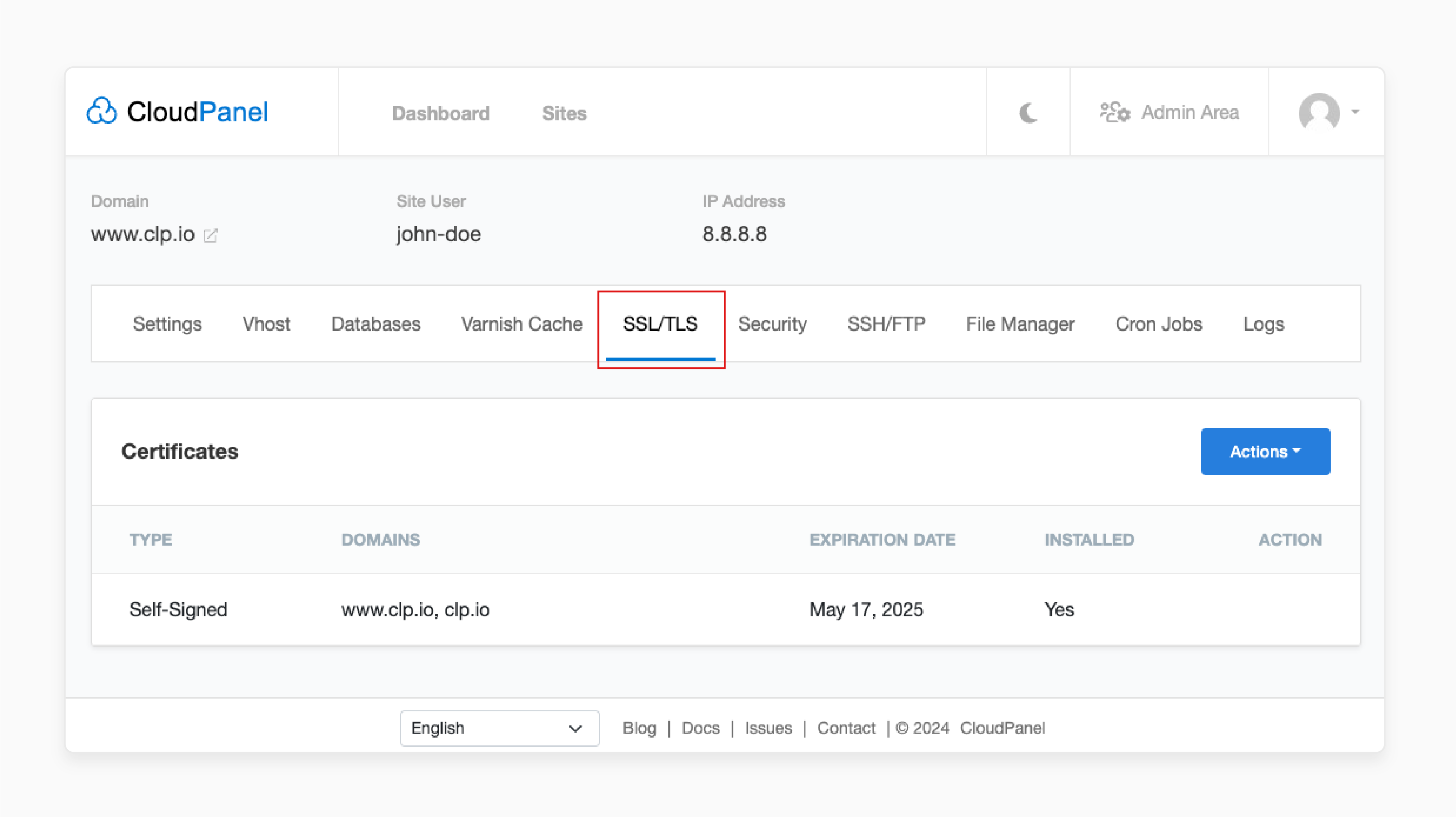 cloudpanel dashboard showing domain selection and ssl/tls tab for certificate management