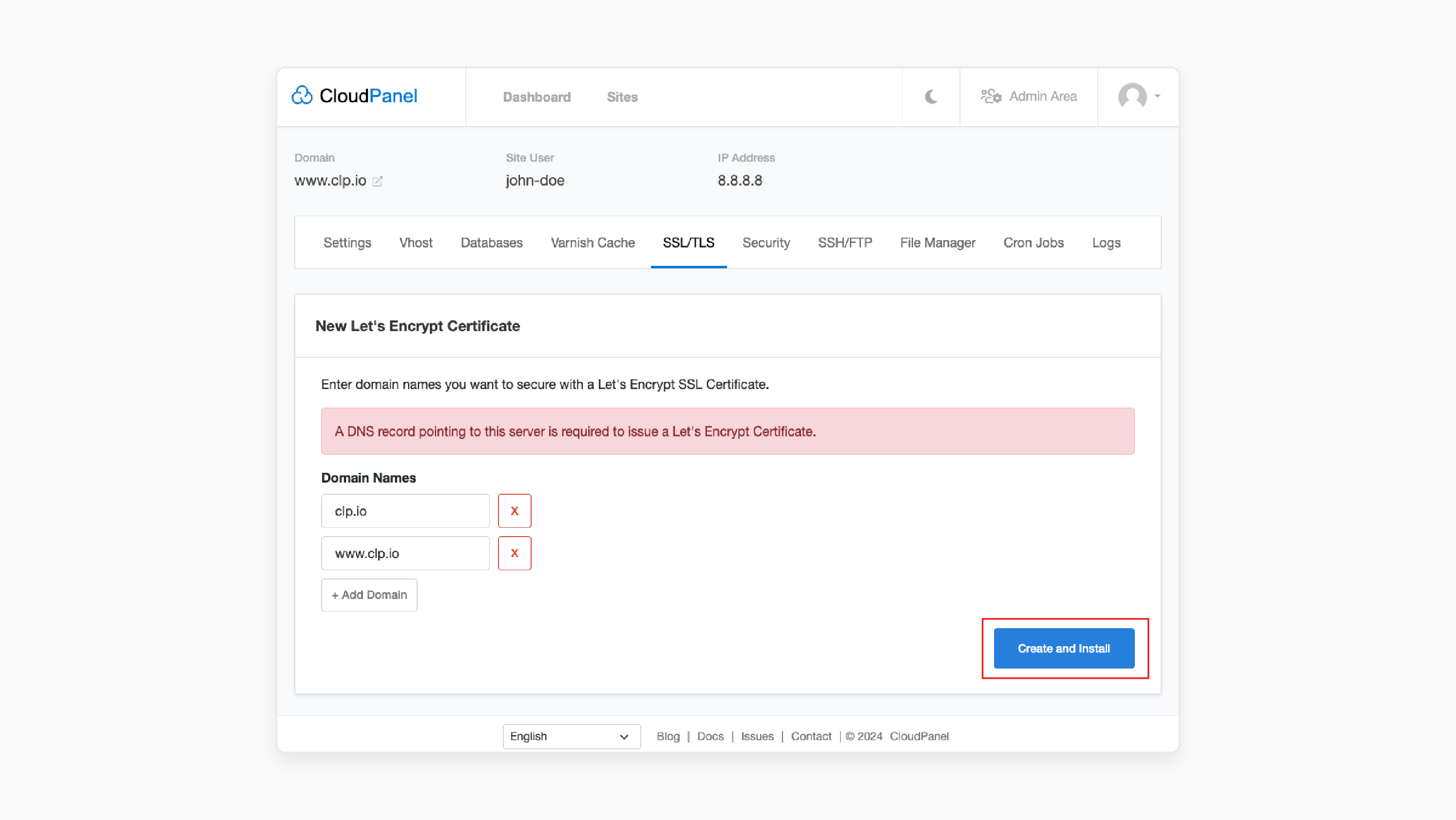 one-click let's encrypt certificate installation interface in cloudpanel with domain verification progress