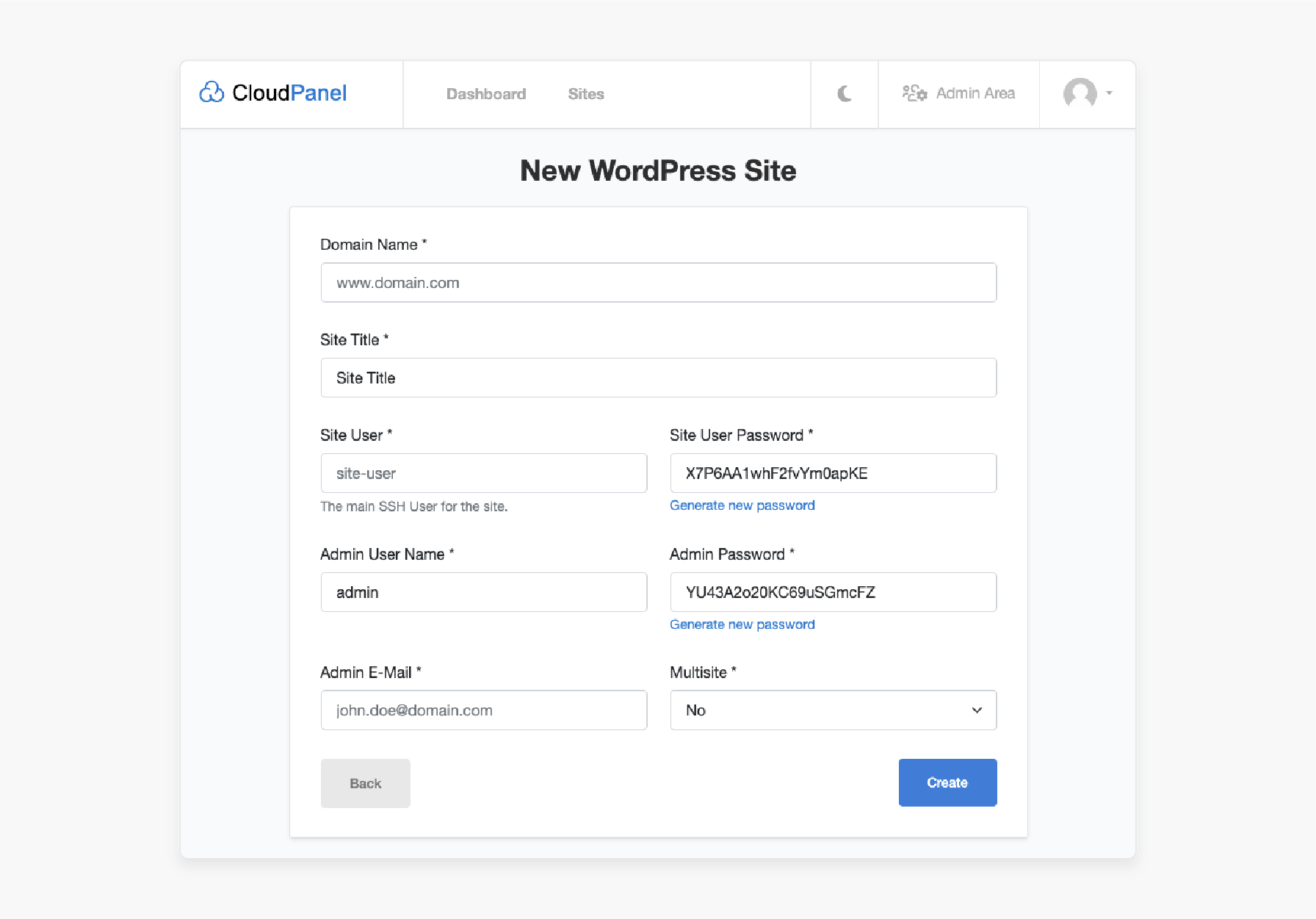 WordPress site creation and setup workflow using CloudPanel control panel with domain and SSL configuration