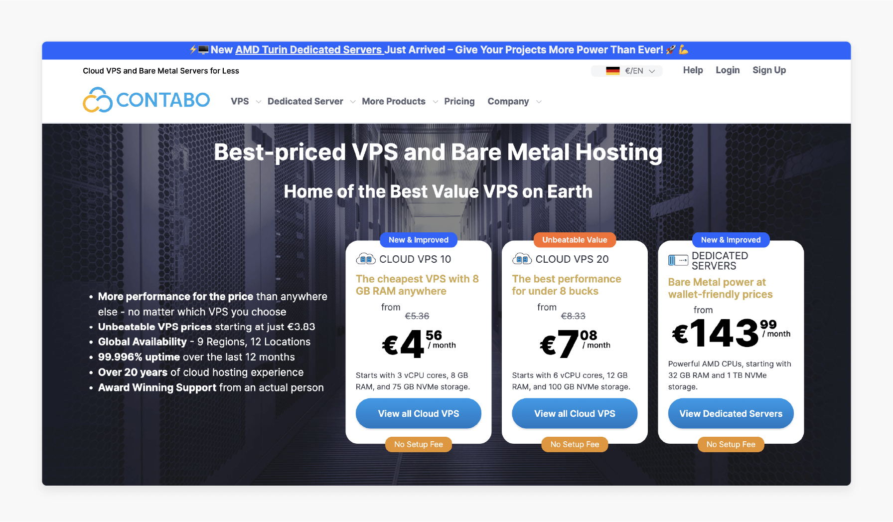 Contabo VPS offering affordable resources suitable for WordPress hosting with CloudPanel installation