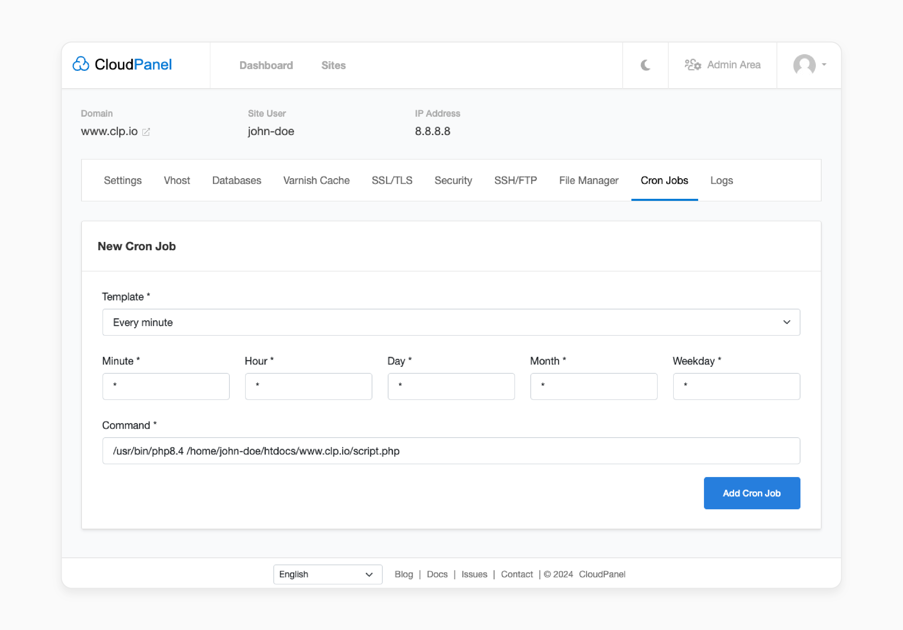 cloudpanel cron job manager interface showing how to schedule a php script to run every minute for reliable wordpress task automation