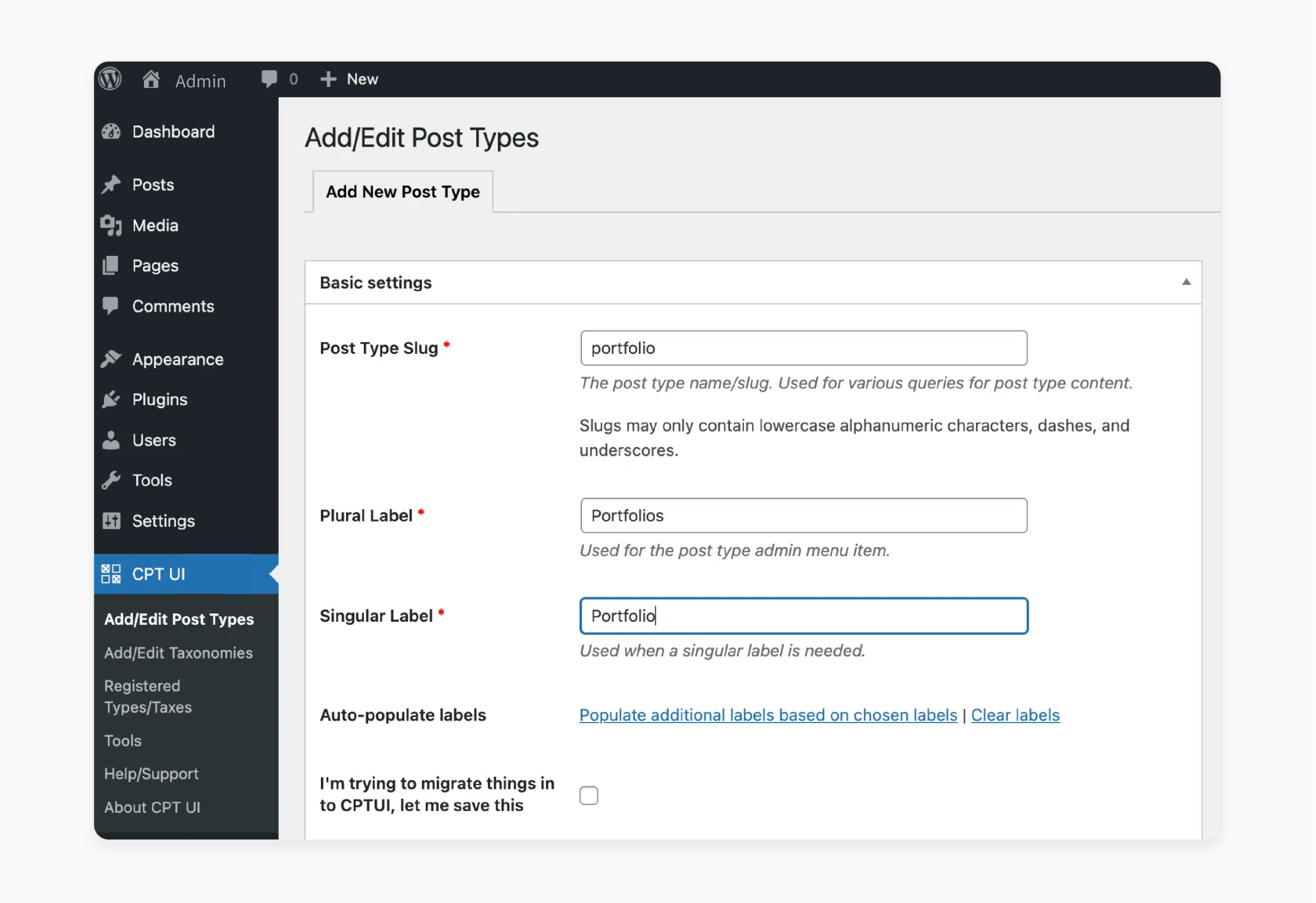adding a new custom post type called portfolio using custom post type ui plugin in wordpress dashboard
