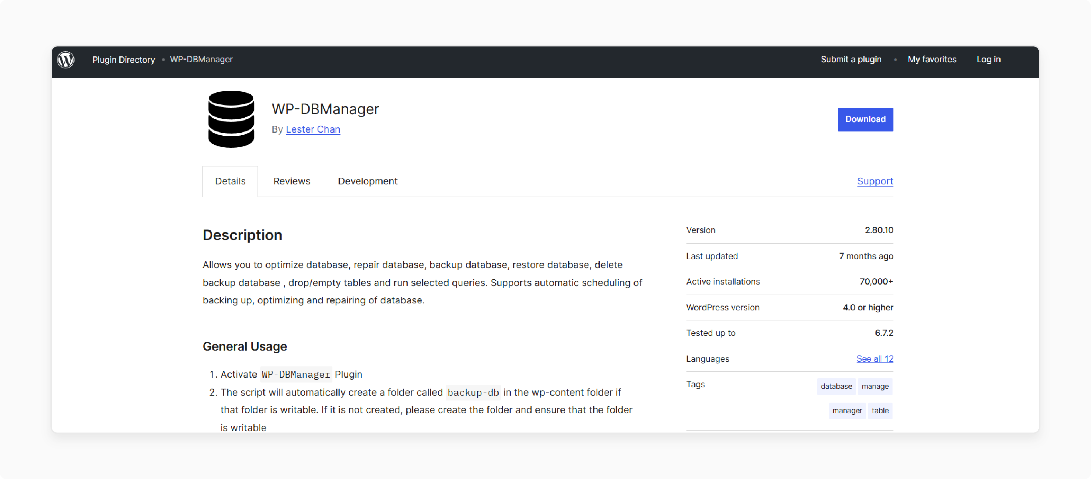 wp-dbmanager dashboard displaying tools for database backup, optimization, and repair under a managed wordpress setup