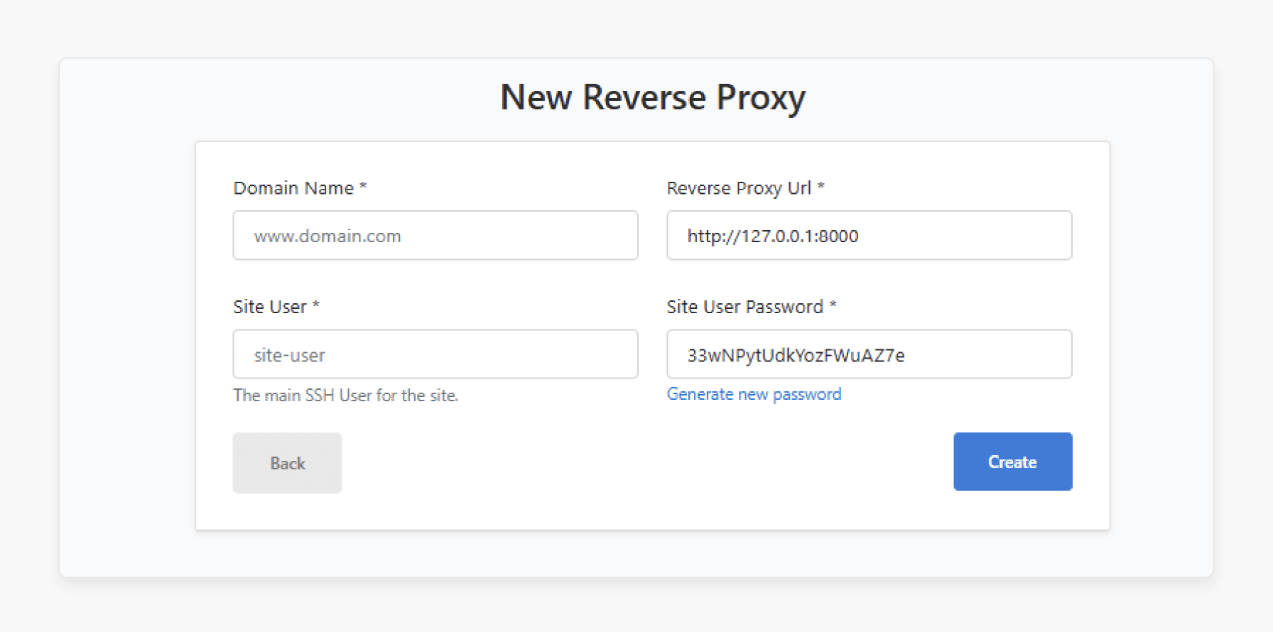 reverse proxy configuration screen in cloudpanel with domain, proxy url, and ssh credentials