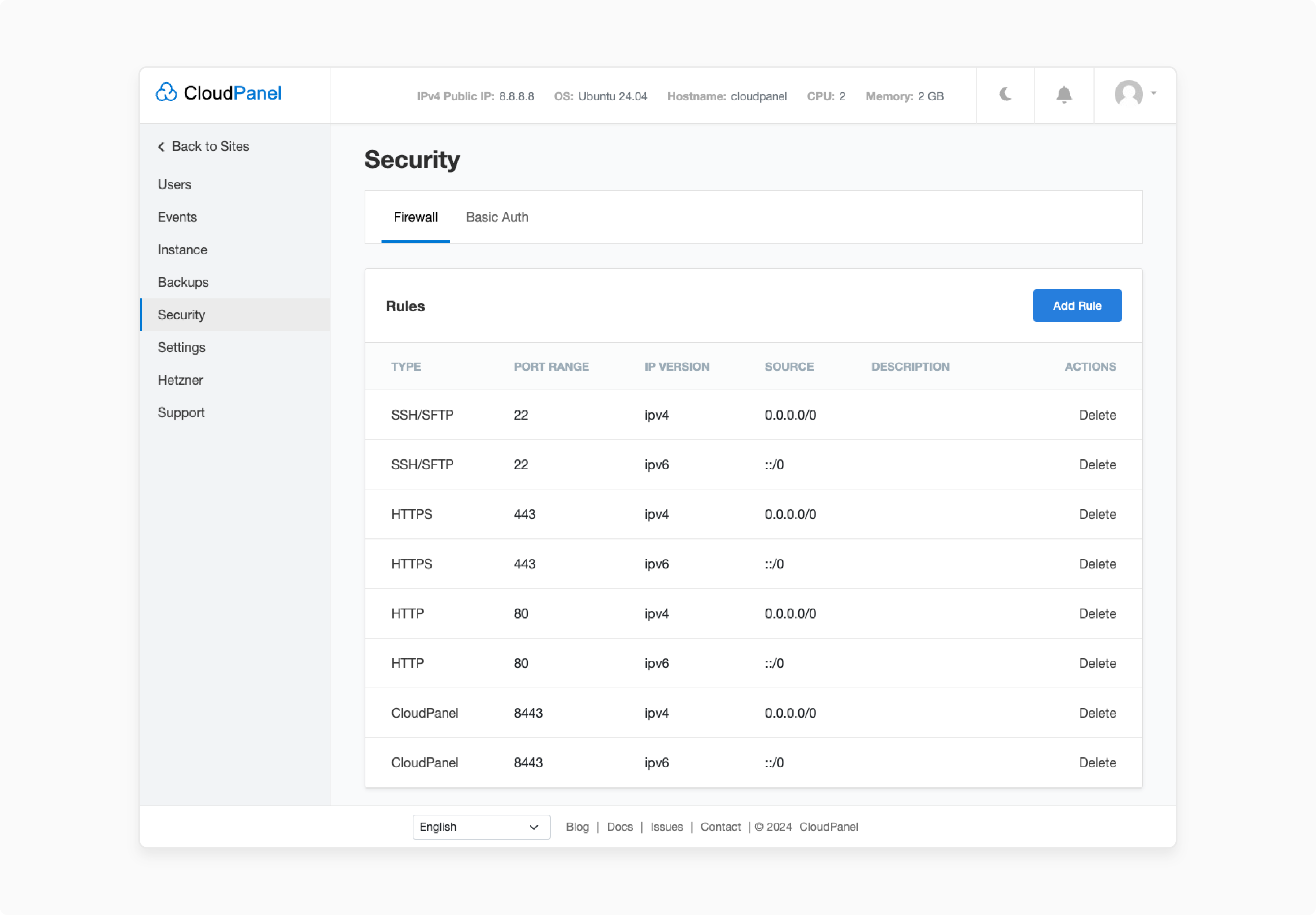 Add firewall rules in CloudPanel