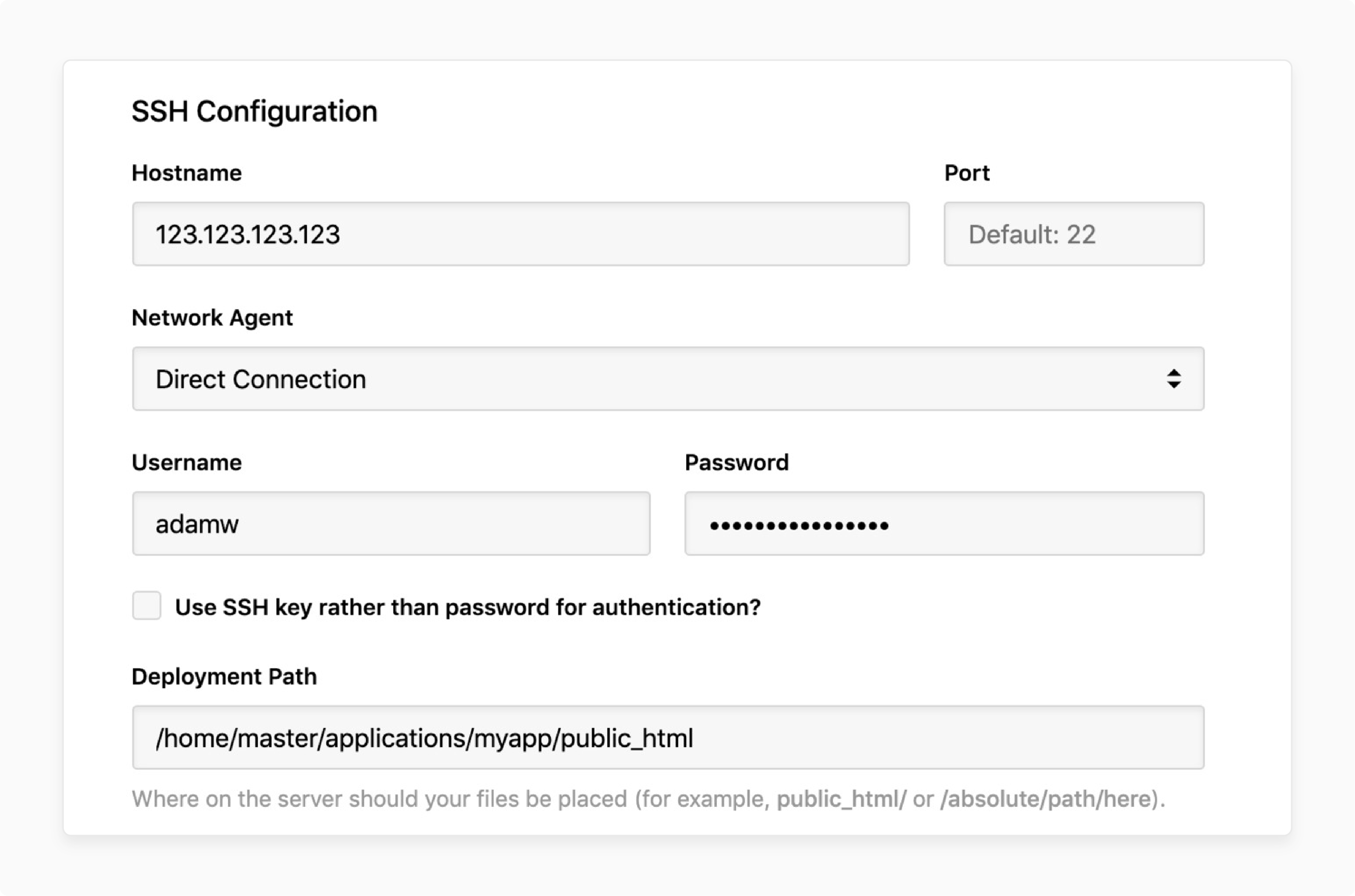 ssh configuration for connecting deployhq to cloudpanel server with username and deployment path