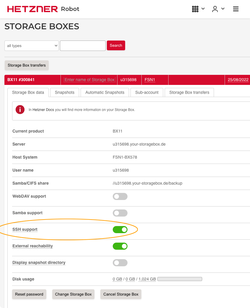 Hetzner Storage Box - Enable SSH