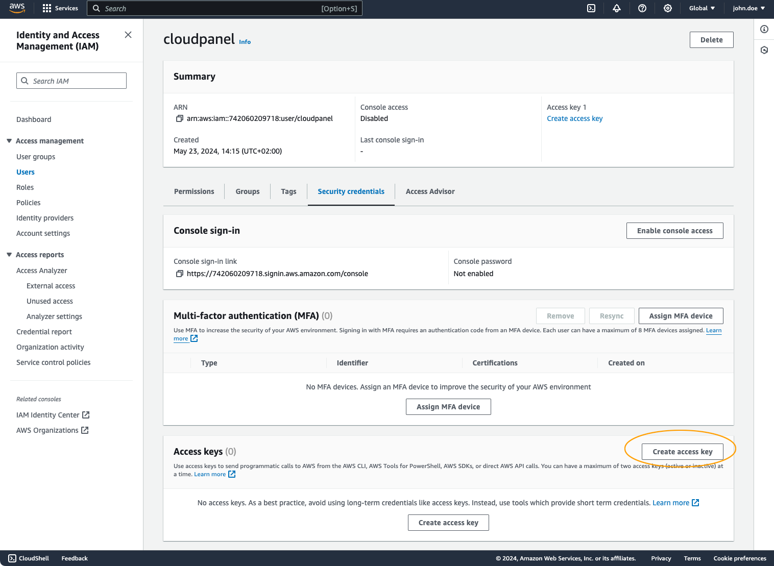 Security credentials - Create Access Keys