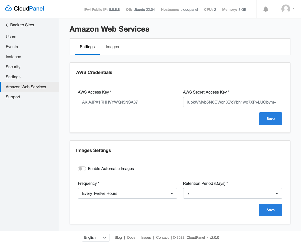 Amazon Web Services Settings