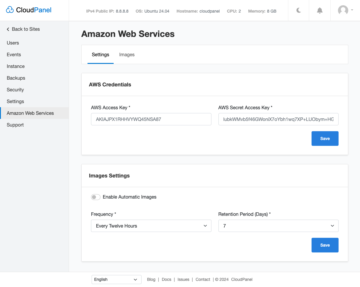 Amazon Web Services Settings