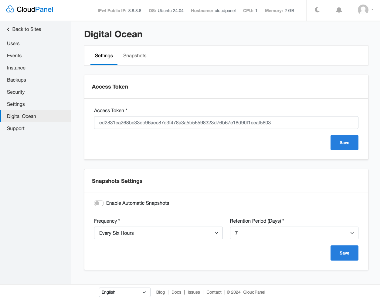 Digital Ocean Settings