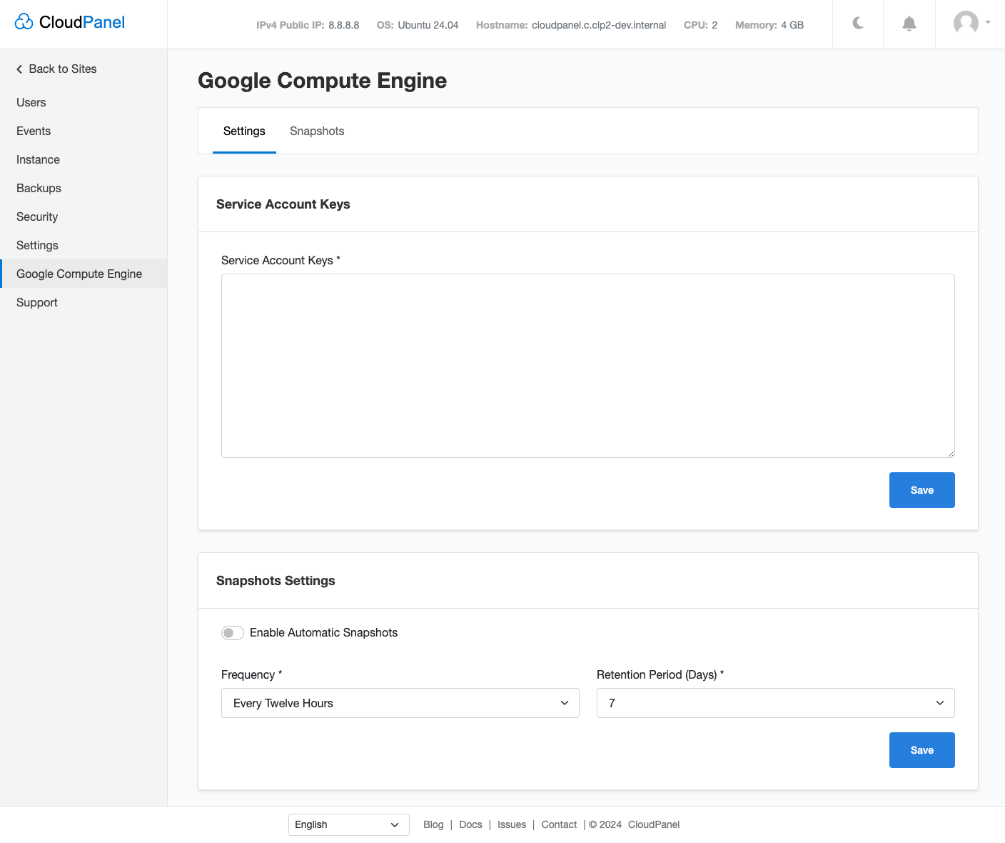 Google Compute Engine Settings