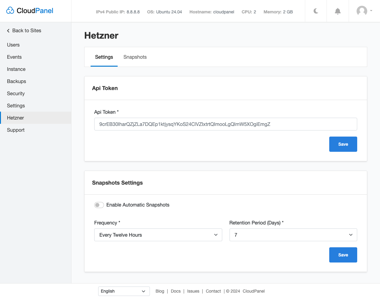 Hetzner Cloud Settings