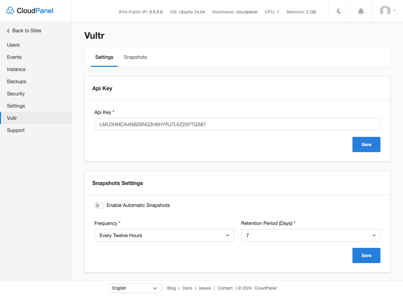 Vultr Settings