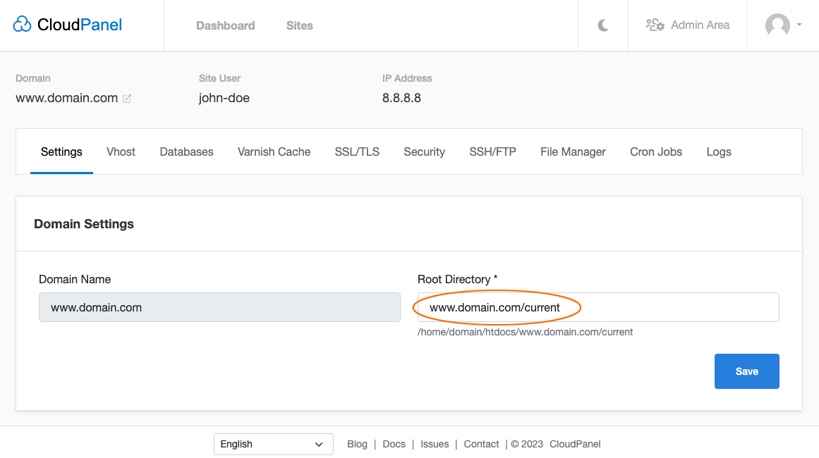 CloudPanel Site Root Directory