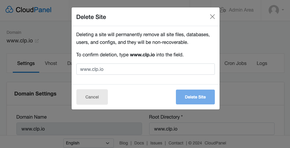 Delete Site Delete Site