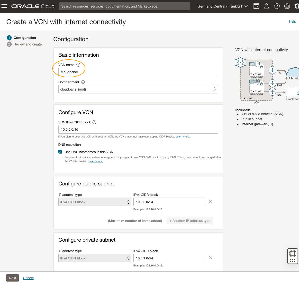 Virtual Cloud Network Form