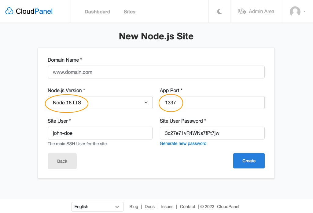 Add Node.js Site Form