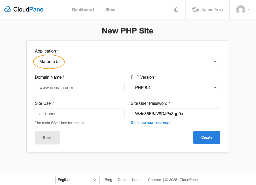 Create a Matomo Site