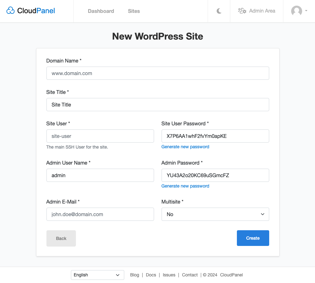 Add WordPress Site Form